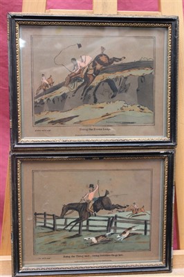 Lot 924 - Set of six early 19th century  hand coloured prints after Henry Alken - amusing Hunting scenes, published 1818, in glazed frames, 20cm x 27cm