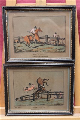 Lot 924 - Set of six early 19th century  hand coloured prints after Henry Alken - amusing Hunting scenes, published 1818, in glazed frames, 20cm x 27cm