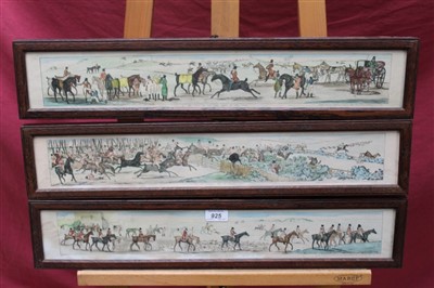 Lot 925 - Collection of eight 19th century hand coloured prints - Coaching and Hunting, in glazed oak frames, 9cm x 60cm