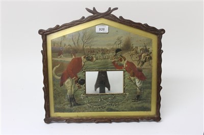 Lot 926 - Edwardian oak framed Hunting Meets easel frame with an amusing inset print after Chavell, 37cm x 39cm, together with a pair of amusing hunting prints (3)