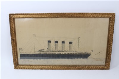 Lot 639 - Pencil drawing of the White Star Line Ship Olympic in glazed gilt frame, dated 1915