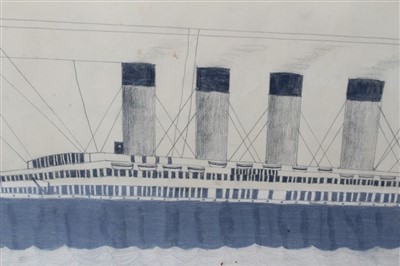 Lot 639 - Pencil drawing of the White Star Line Ship Olympic in glazed gilt frame, dated 1915
