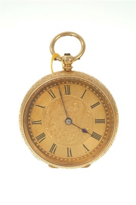 Lot 574 - Late 19th century ladies’ 18ct gold Swiss fob watch