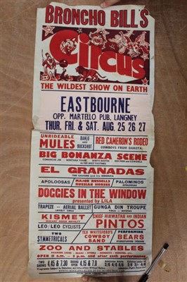 Lot 2405 - Circus poster Bronco Billy's circus The Wildest Show on Earth c1960's. Printer Taylors, Wombwell, Yorks.