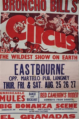 Lot 2405 - Circus poster Bronco Billy's circus The Wildest Show on Earth c1960's. Printer Taylors, Wombwell, Yorks.