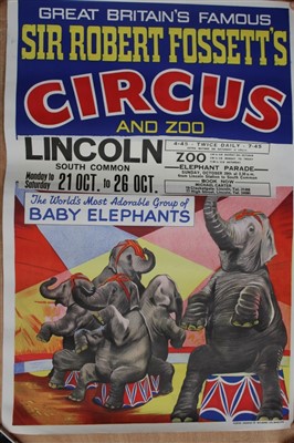 Lot 2408 - Circus Poster Sir Robert Fossett's Circus and Zoo 'The World's Most Adorable Baby Elephants. Printer W E Berry Ltd, Bradford.