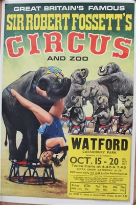 Lot 2410 - Circus Posters Sir Robert Fossett's Circus and Zoo c.1960's featuring the show's line up of acts, animals and Coco the Clown. Also c.1970's female performer with elephants. Printers W E Berry an...