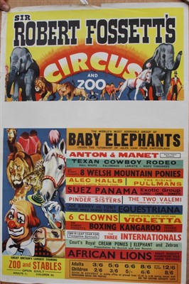 Lot 2410 - Circus Posters Sir Robert Fossett's Circus and Zoo c.1960's featuring the show's line up of acts, animals and Coco the Clown. Also c.1970's female performer with elephants. Printers W E Berry an...