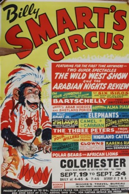 Lot 2411 - Circus Posters Billy Smart's Circus. Two 1960's posters featuring chimpanzee dressed as Indian, plus a smaller 1966 Production poster.