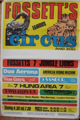 Lot 2412 - Circus Poster Fossett's Famous Circus and Zoo at Co. Mayo-Ireland's Newest Attraction, unknown printer plus two Sir Robert Fossett's posters both printed by W E Berry Bradford.