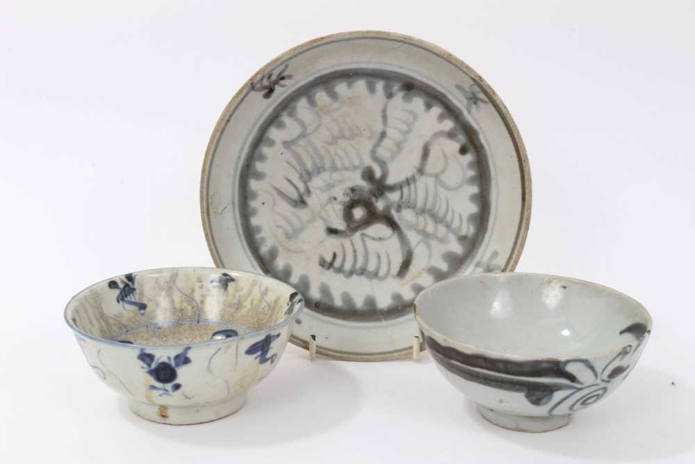 Lot 177 - Late Ming Chinese blue and white bowl, another Ming bowl and similar dish