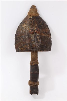 Lot 694 - African tribal Yoruba copper clad twin-sided face ritual staff mount