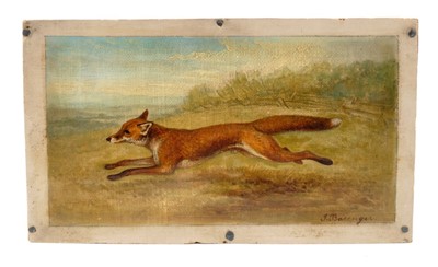 Lot 934 - James Barenger (1780-c.1831) oil on canvas laid on panel - A Running Fox, signed, 11cm x 18cm, unframed 
 Provenance: Pawsey & Payne, Bury Street, London