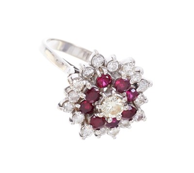 Lot 407 - Ruby and diamond cluster cocktail ring