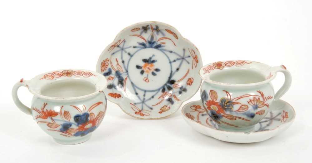 Lot 379 - Rare pair early 18th century Japanese Imari porcelain miniature ‘toy’ chamber pots, matching saucers