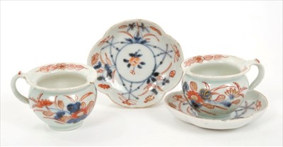 Lot 70 - Rare pair early 18th century Japanese Imari porcelain miniature ‘toy’ chamber pots, matching saucers
