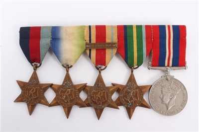 Lot 508 - Second World War Medal Group comprising 1939 - 1945 Star, Atlantic Star, Africa Star with North Africa 1942 - 1943 clasp, Pacific Star and War Medal (Mounted on bar), together with miniatures and a...