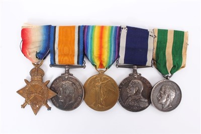 Lot 513 - Edwardian and later Naval Medal Group comprising 1914 - 15 Star, War, Victory, George V Naval Long Service and Good Conduct medal together with a Messina Earthquake Medal