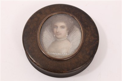 Lot 705 - George III tortoiseshell circular snuff box with a portrait miniature inset to the lid, signed