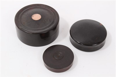 Lot 706 - Georgian tortoiseshell circular snuff box, another tortoiseshell box and a turned lignum vitae box