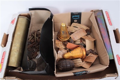 Lot 523 - Pair of Brass military shell cases, together with a collection of shrapnel, collected during the London Blitz, some pieces with annotations