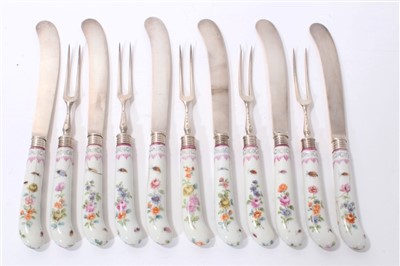 Lot 279 - Collection of porcelain-handled silver knives and twin-pronged forks