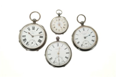 Lot 584 - Three gentlemen’s silver pocket watches and a late 19th century Swiss silver fob watch