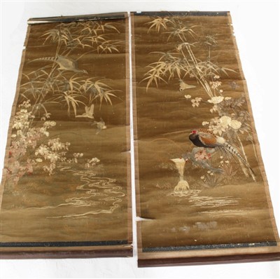 Lot 628 - Pair of 19th century Chinese embroidered wall hangings