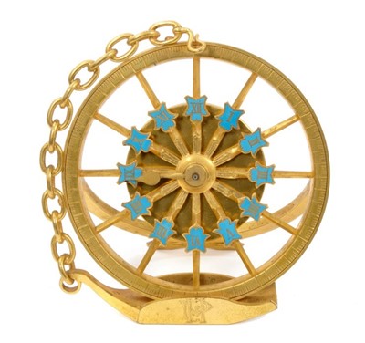 Lot 1266 - 19th century travelling clock with watch movement in the form of a gilt metal carriage wheel