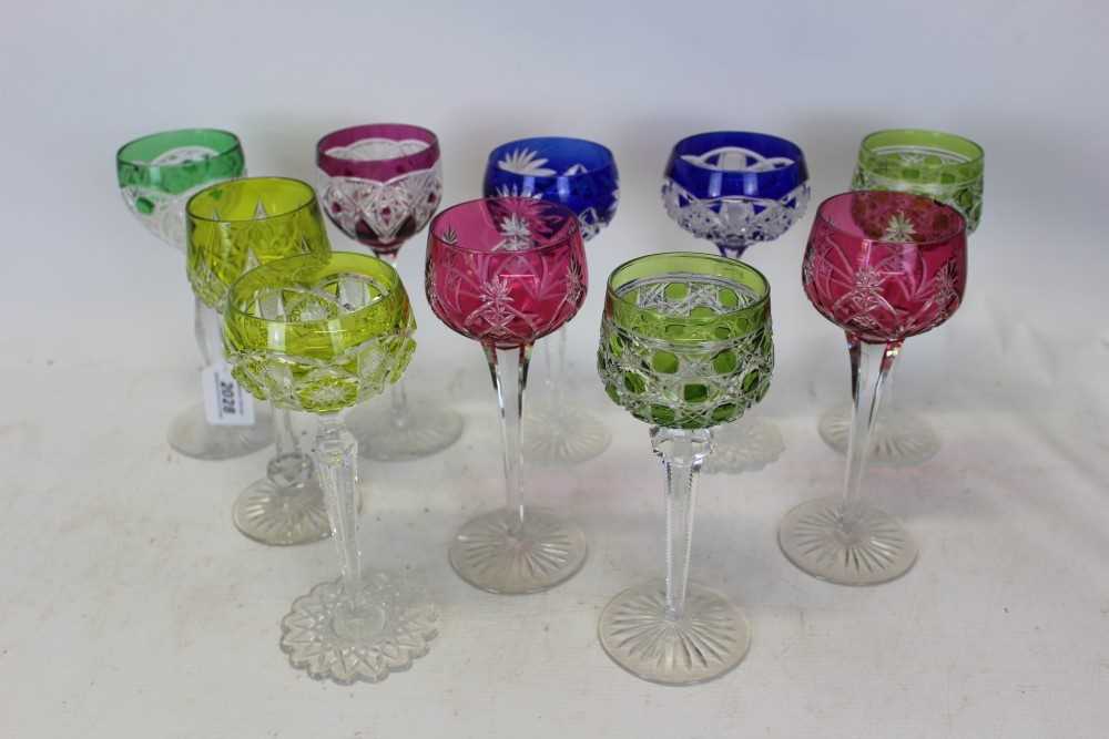 Lot 2028 - Ten various coloured Bohemian wine glasses
