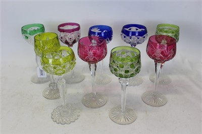 Lot 2028 - Ten various coloured Bohemian wine glasses