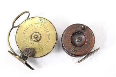 Lot 3764 - 19th century brass Mallochs patent fishing reel together with q wooden reel