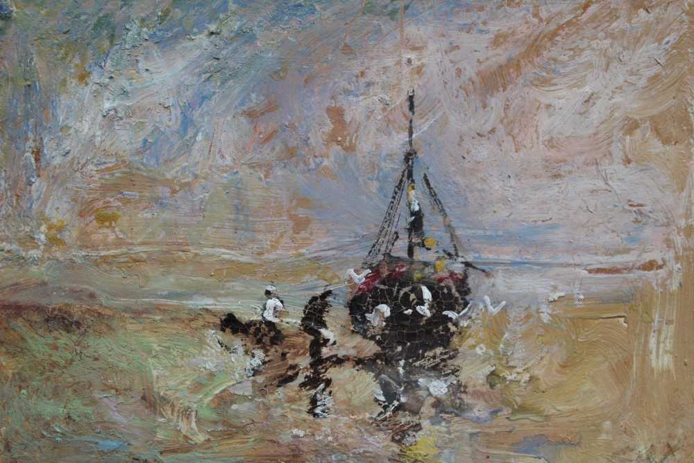 Lot 1156 - Jack Cox (1914-2007) oil on board - fishing boat on the shore, signed, in glazed gilt frame, 12cm x 17cm