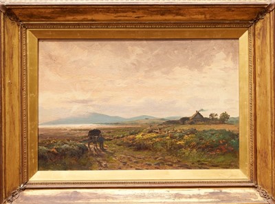 Lot 1066 - G. Wright, 19th century oil on canvas - Scottish landscape with travellers at dusk, signed, in gilt frame, 40cm x 60cm