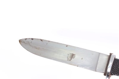 Lot 805 - Nazi Hitler Youth knife / dagger with checkered plastic grip, set with enamel swastika badge, plated mounts, etched blade marked RZM M7/2 1937