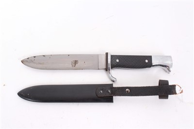 Lot 805 - Nazi Hitler Youth knife / dagger with checkered plastic grip, set with enamel swastika badge, plated mounts, etched blade marked RZM M7/2 1937