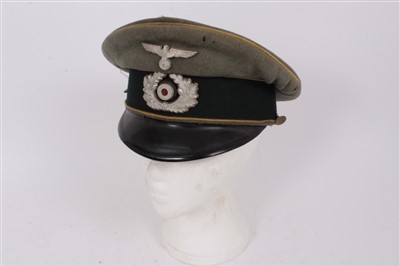 Lot 572 - Second World War Nazi Wehrmacht Officers Cap with yellow piping and brown leather head band to interior, bearing makers stamp, possibly Armored Reconnaissance Troops.