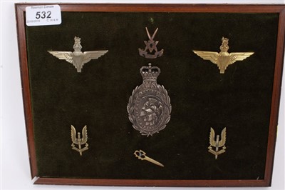 Lot 532 - Group of Special Forces cap badges, including SAS mounted on a board (7 badges)