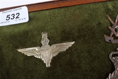 Lot 532 - Group of Special Forces cap badges, including SAS mounted on a board (7 badges)