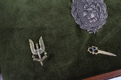 Lot 532 - Group of Special Forces cap badges, including SAS mounted on a board (7 badges)