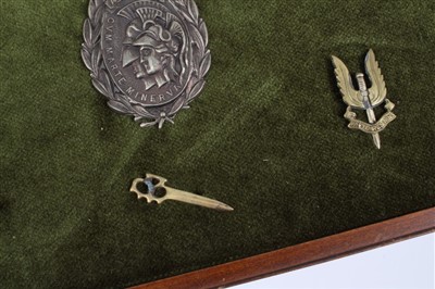 Lot 532 - Group of Special Forces cap badges, including SAS mounted on a board (7 badges)