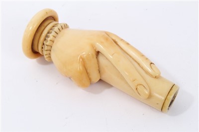 Lot 677 - 19th Century carved ivory handle in the form of a hand