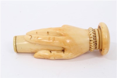 Lot 677 - 19th Century carved ivory handle in the form of a hand