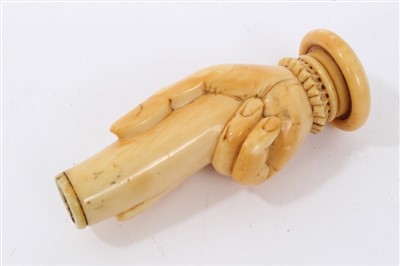 Lot 677 - 19th Century carved ivory handle in the form of a hand
