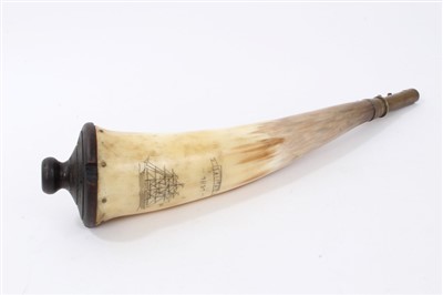 Lot 676 - Cow horn power flask with ‘scrimshaw’ type decoration