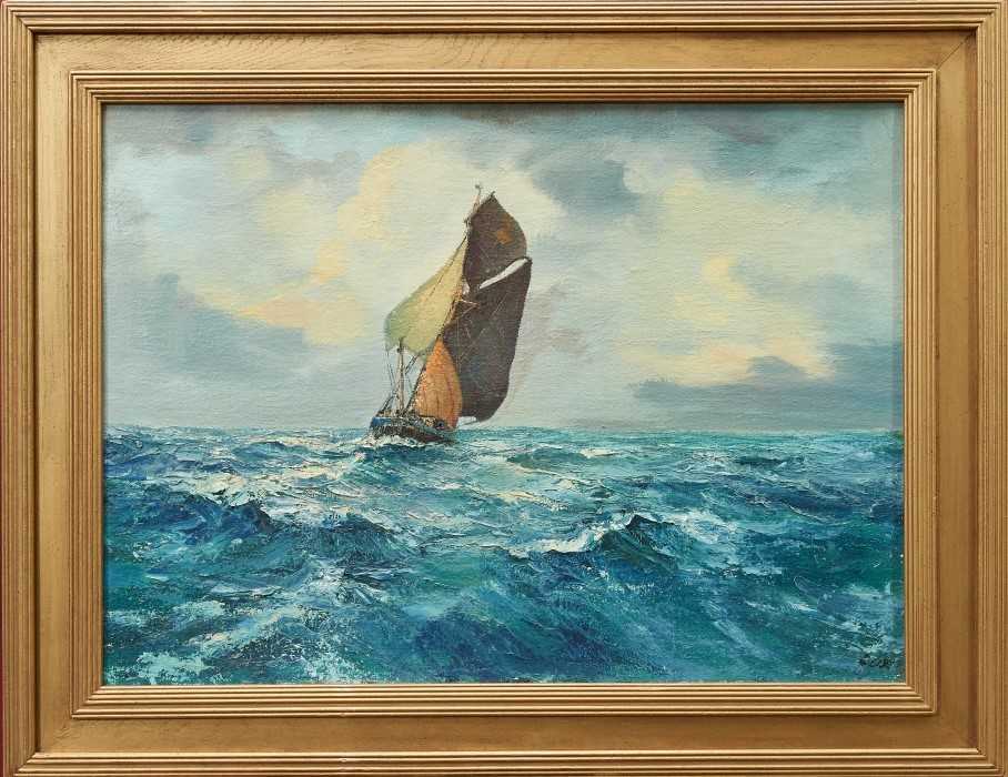 Lot 1114 - Jack Cox, oil on canvas, Fishing boat at sea