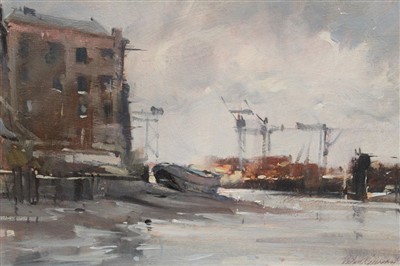 Lot 1119 - Peter Gilman (1928-1984) oil Changing light Isle of Dogs