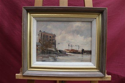 Lot 1119 - Peter Gilman (1928-1984) oil Changing light Isle of Dogs