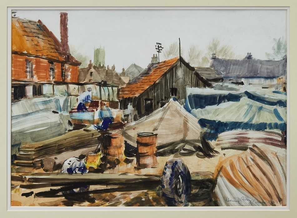Lot 5 - Harry Arthur Riley (1895-1966) mixed media on paper Woodbridge Boatyard