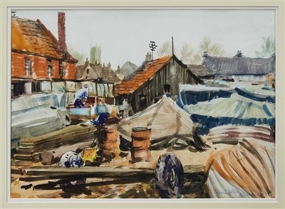 Lot 27 - Harry Arthur Riley (1895-1966) mixed media on paper Woodbridge Boatyard